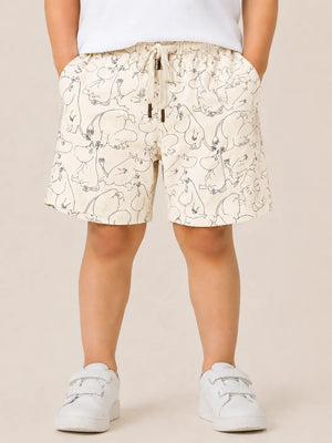 BloomUp Cream Cartoon Print Shorts for Boys – Soft Cotton Drawstring Summer Shorts