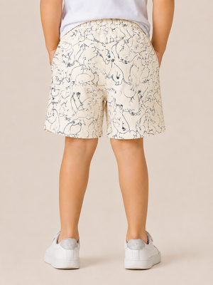 Cream Cartoon Print Shorts for Boys – Soft Cotton Drawstring Summer Shorts BloomUp