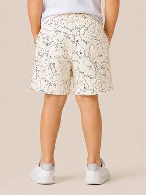 BloomUp Cream Cartoon Print Shorts for Boys – Soft Cotton Drawstring Summer Shorts