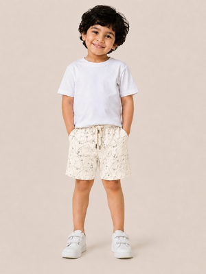 Cream Cartoon Print Shorts for Boys – Soft Cotton Drawstring Summer Shorts BloomUp