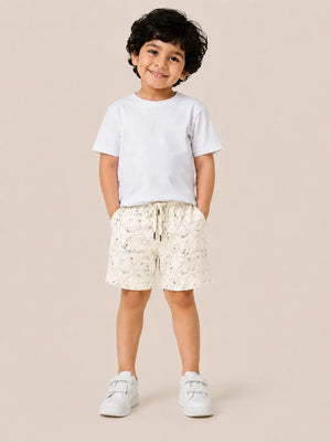 BloomUp Cream Cartoon Print Shorts for Boys – Soft Cotton Drawstring Summer Shorts
