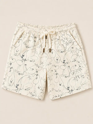 BloomUp Cream Cartoon Print Shorts for Boys – Soft Cotton Drawstring Summer Shorts