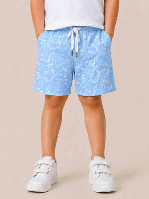 BloomUp Sky Blue Cartoon Print Shorts for Boys – Soft Cotton Drawstring Summer Shorts