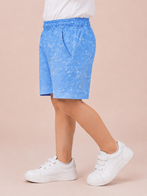 Sky Blue Cartoon Print Shorts for Boys – Soft Cotton Drawstring Summer Shorts BloomUp