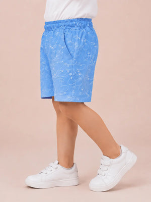 BloomUp Sky Blue Cartoon Print Shorts for Boys – Soft Cotton Drawstring Summer Shorts