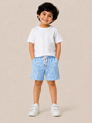 BloomUp Sky Blue Cartoon Print Shorts for Boys – Soft Cotton Drawstring Summer Shorts