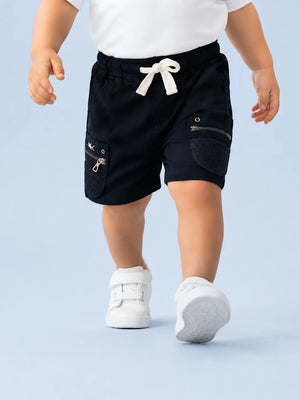 BloomUp Black Utility Cargo Shorts for Boys – Multi-Pocket Zip Detail Casual Summer Shorts