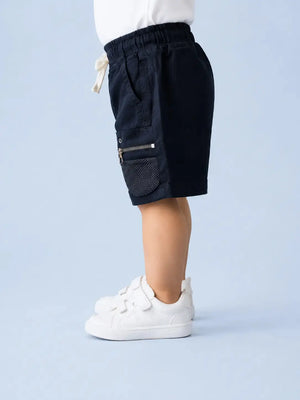 BloomUp Black Utility Cargo Shorts for Boys – Multi-Pocket Zip Detail Casual Summer Shorts