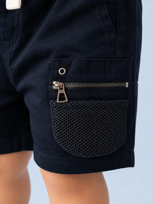 BloomUp Black Utility Cargo Shorts for Boys – Multi-Pocket Zip Detail Casual Summer Shorts