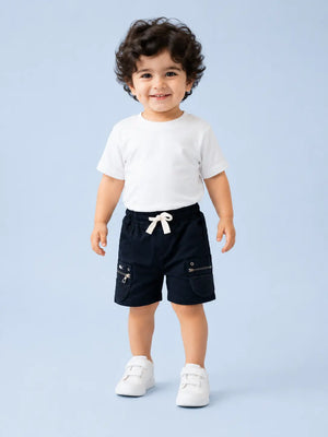 BloomUp Black Utility Cargo Shorts for Boys – Multi-Pocket Zip Detail Casual Summer Shorts