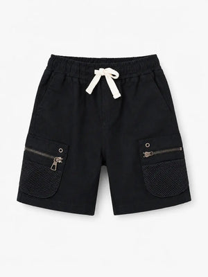 BloomUp Black Utility Cargo Shorts for Boys – Multi-Pocket Zip Detail Casual Summer Shorts