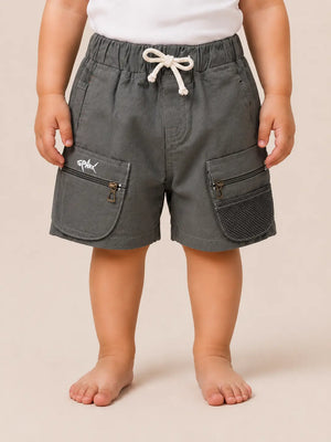 BloomUp Dark Grey Utility Cargo Shorts for Boys – Multi-Pocket Zip Detail Casual Shorts