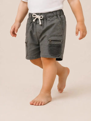 BloomUp Dark Grey Utility Cargo Shorts for Boys – Multi-Pocket Zip Detail Casual Shorts