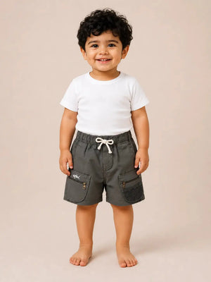 BloomUp Dark Grey Utility Cargo Shorts for Boys – Multi-Pocket Zip Detail Casual Shorts