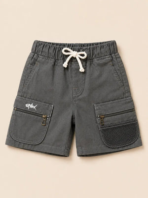 BloomUp Dark Grey Utility Cargo Shorts for Boys – Multi-Pocket Zip Detail Casual Shorts