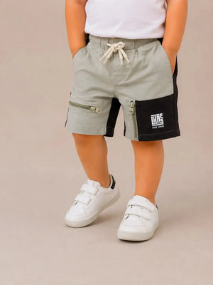 BloomUp Grey & Black Utility Cargo Shorts for Boys – Multi-Zip Pocket Casual Summer Wear