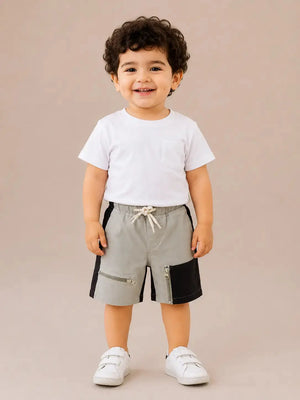 BloomUp Grey & Black Utility Cargo Shorts for Boys – Multi-Zip Pocket Casual Summer Wear