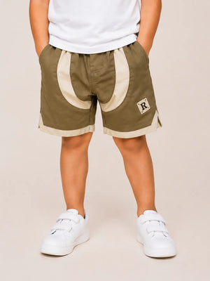 BloomUp Olive Green Contrast Panel Shorts for Boys – Soft Cotton Casual Summer Shorts