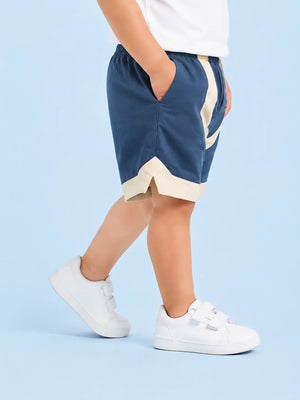 BloomUp Navy Blue Contrast Panel Shorts for Boys – Soft Cotton Casual Summer Shorts