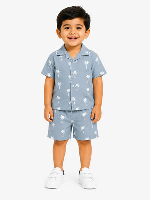 BloomUp Grey Palm Print Boys Co-Ord Set – Soft Cotton Summer Wear for Kids