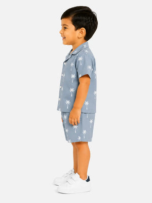 BloomUp Grey Palm Print Boys Co-Ord Set – Soft Cotton Summer Wear for Kids