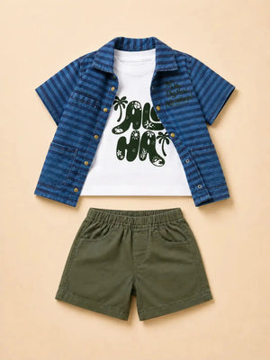 BloomUp Blue Striped Shirt, Graphic T-Shirt & Olive Shorts Co-ord Set for Baby Boys – Soft Cotton 3-Piece Summer Outfit
