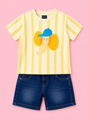 BloomUp Lemon Elephant Print Boys Outfit Set – Soft Cotton Summer Wear for Toddler