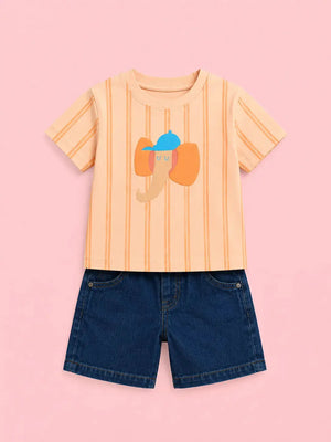 BloomUp Peach Elephant Print Boys Outfit Set – Soft Cotton Summer Wear for Toddler