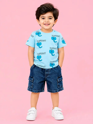 BloomUp Sky Blue Elephant Print Boys Outfit Set – Soft Cotton Summer Wear for Toddlers