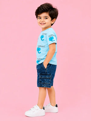 BloomUp Sky Blue Elephant Print Boys Outfit Set – Soft Cotton Summer Wear for Kids
