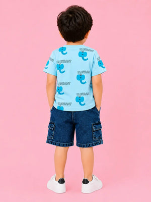 BloomUp Sky Blue Elephant Print Boys Outfit Set – Soft Cotton Summer Wear for Kids