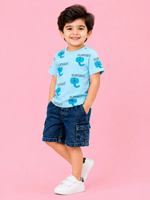 BloomUp Sky Blue Elephant Print Boys Outfit Set – Soft Cotton Summer Wear for Kids
