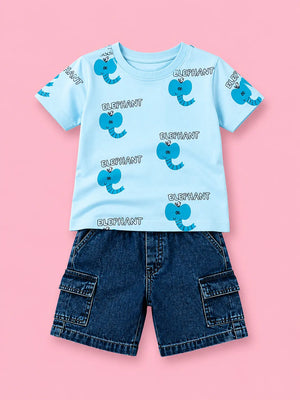 BloomUp Sky Blue Elephant Print Boys Outfit Set – Soft Cotton Summer Wear for Kids