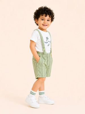 BloomUp White Summer Mood Graphic T-Shirt & Green Striped Shorts Set for Toddlers – Soft Cotton Summer Wear