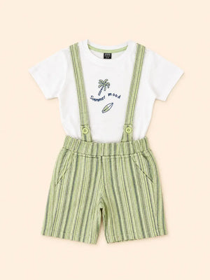 BloomUp White Summer Mood Graphic T-Shirt & Green Striped Shorts Set for Toddlers – Soft Cotton Summer Wear