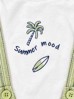 White Summer Mood Graphic T-Shirt & Green Striped Shorts Set for Toddlers – Soft Cotton Summer Wear BloomUp