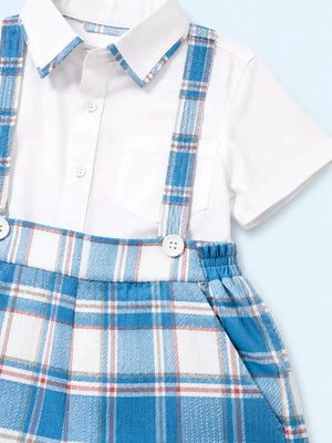 BloomUp Blue Checked Suspender Shorts Set for Boys – White Shirt & Plaid Summer Outfit