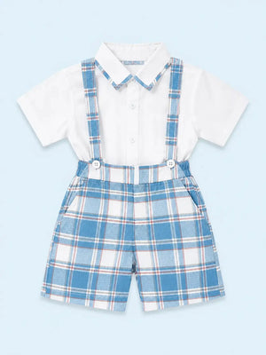 BloomUp Blue Checked Suspender Shorts Set for Boys – White Shirt & Plaid Summer Outfit