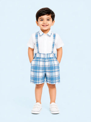 BloomUp Blue Checked Suspender Shorts Set for Boys – White Shirt & Plaid Summer Outfit