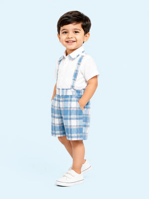 BloomUp Blue Checked Suspender Shorts Set for Boys – White Shirt & Plaid Summer Outfit
