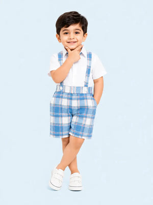 BloomUp Blue Checked Suspender Shorts Set for Boys – White Shirt & Plaid Summer Outfit