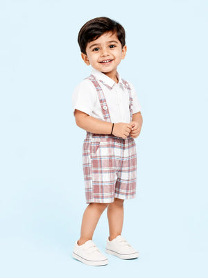 BloomUp Pink Checked Suspender Shorts Set for Girls – White Shirt & Plaid Summer Outfit