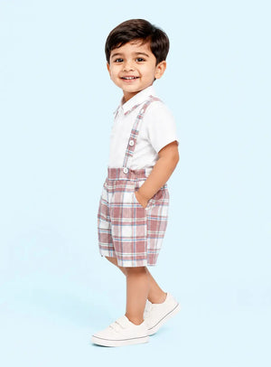 BloomUp Pink Checked Suspender Shorts Set for Boys – White Shirt & Plaid Summer Outfit