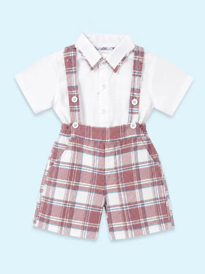 BloomUp Pink Checked Suspender Shorts Set for Boys – White Shirt & Plaid Summer Outfit