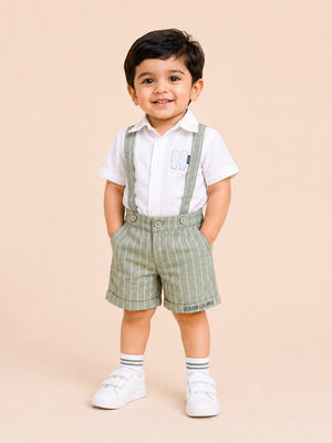 Boys White Shirt & Sage Green Suspender Shorts Set – Premium Summer Party Outfit BloomUp