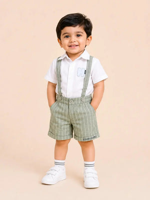 BloomUp Boys White Shirt & Sage Green Suspender Shorts Set – Premium Summer Party Outfit