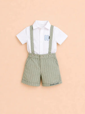 BloomUp Boys White Shirt & Sage Green Suspender Shorts Set – Premium Summer Party Outfit