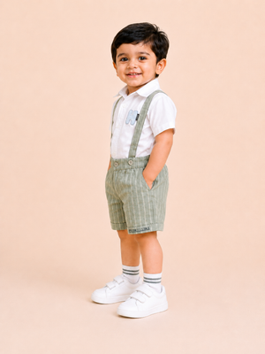 Boys White Shirt & Sage Green Suspender Shorts Set – Premium Summer Party Outfit BloomUp
