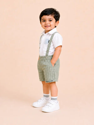BloomUp Boys White Shirt & Sage Green Suspender Shorts Set – Premium Summer Party Outfit
