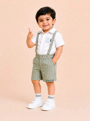 BloomUp Boys White Shirt & Sage Green Suspender Shorts Set – Premium Summer Party Outfit
